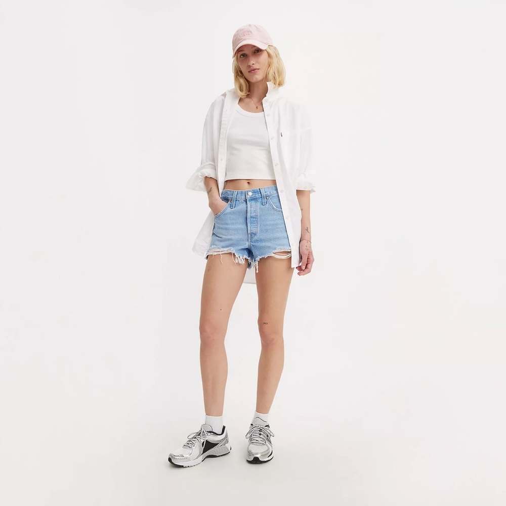 Levi’s Size 23 501 Original Fit High Rise Lightwash Distressed Denim Shorts